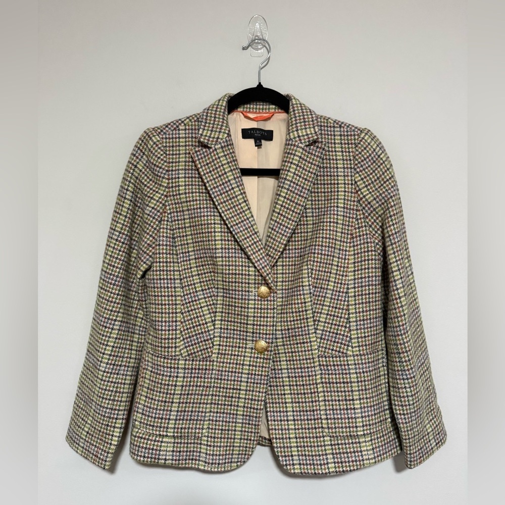 Talbots Shetland Wool Houndstooth Plaid Blazer Size 4 Petite Classic Academia